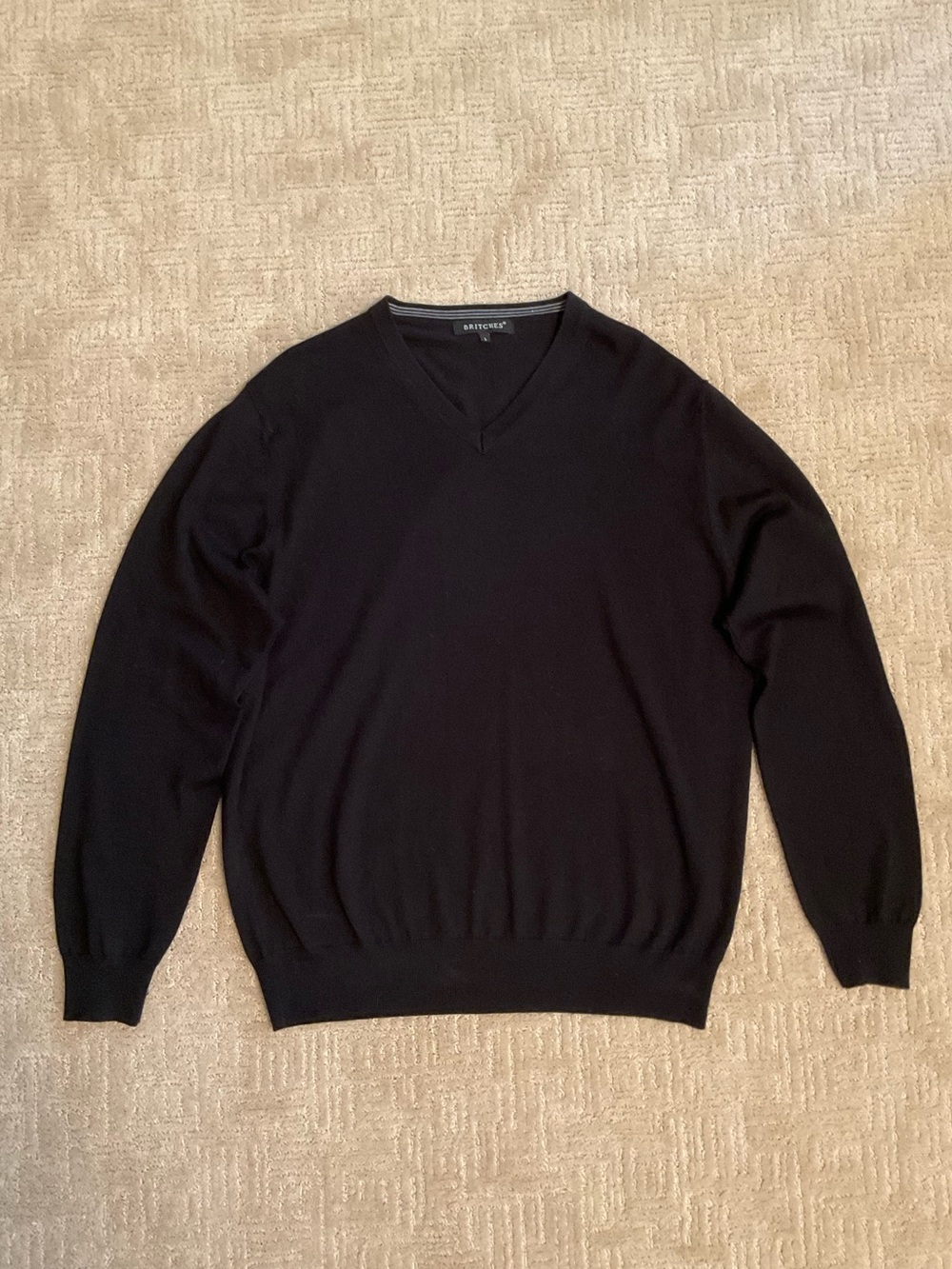 Britches Men Sweater Black V‑Neck Merino Wool Blend L Like New Classic Timeless